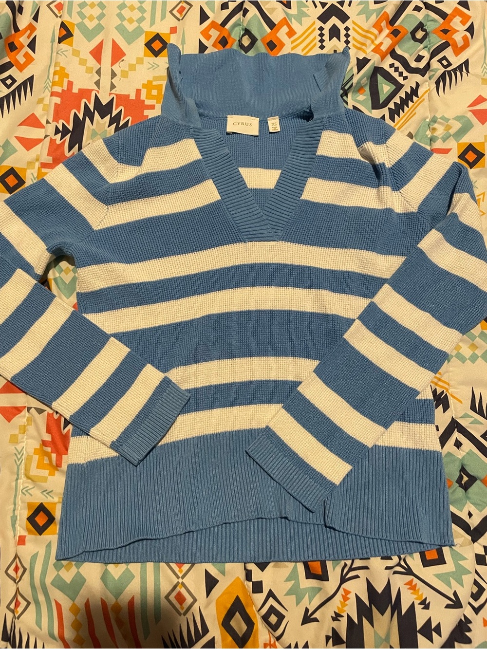 Cyrus Blue & White Striped V-Neck Sweater with Hood